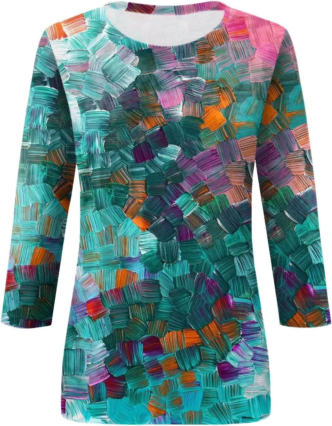 3/4 Length Sleeve Womens Tops Plus Size Crewneck Floral Graphic Shirts Three Quarter Loose Casual Dressy Blouses