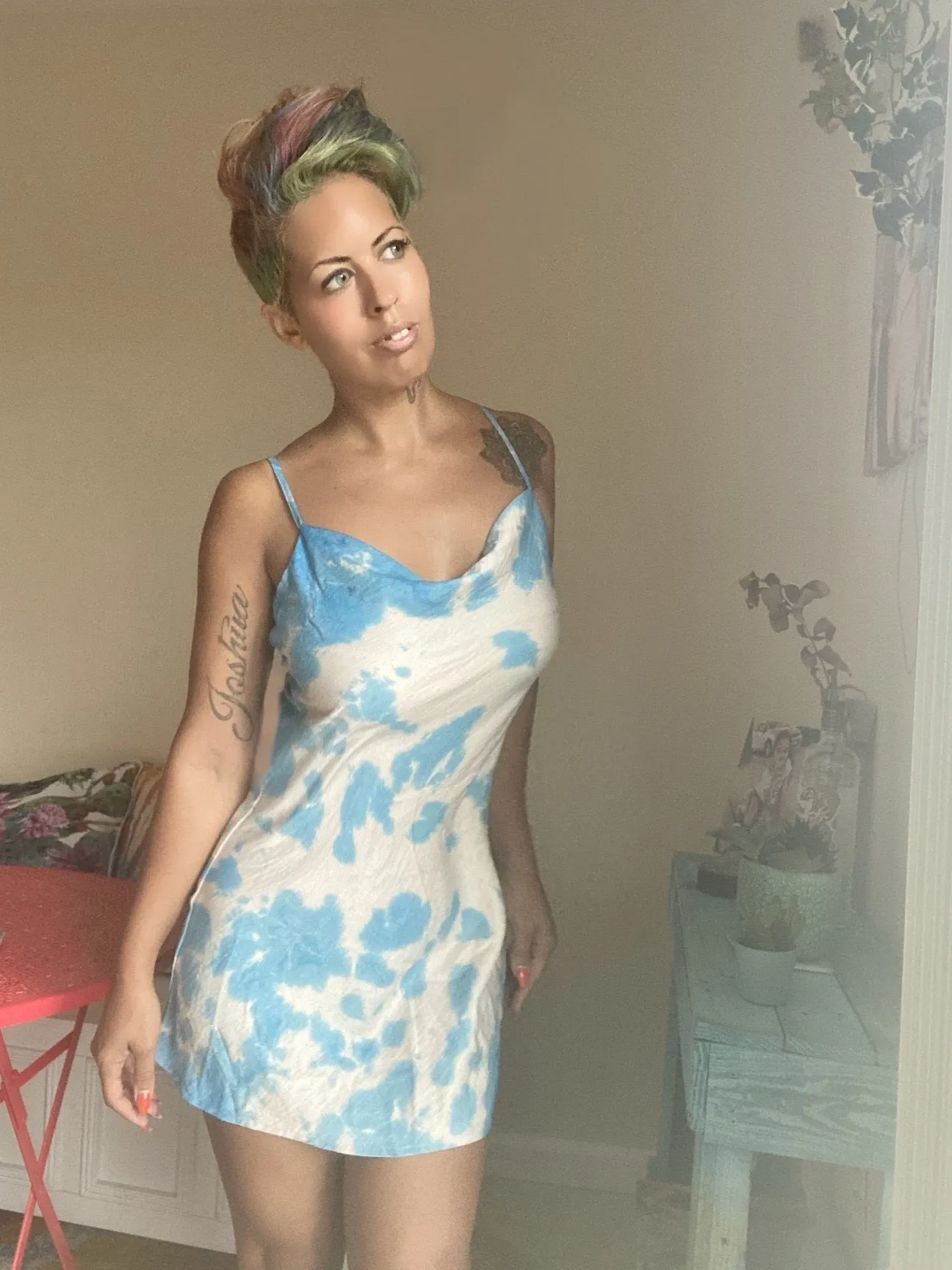50% OFF Blue Skies Tie Dye Satin Slipdress - Sky Blue/Beige