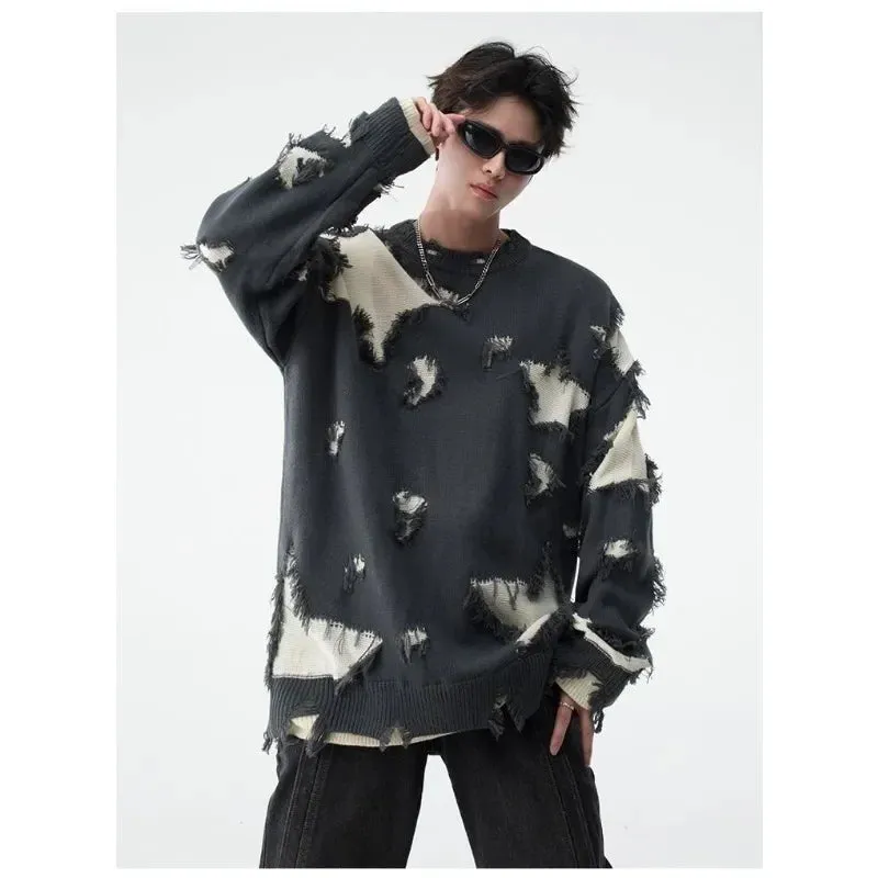 Aidase Star Hollow Tassel Fashion Brand Hip Hop Design Sweaters for Men Inset American High Street Loose Casual Pullover Couple Knit