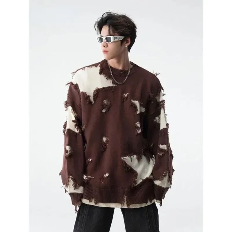 Aidase Star Hollow Tassel Fashion Brand Hip Hop Design Sweaters for Men Inset American High Street Loose Casual Pullover Couple Knit