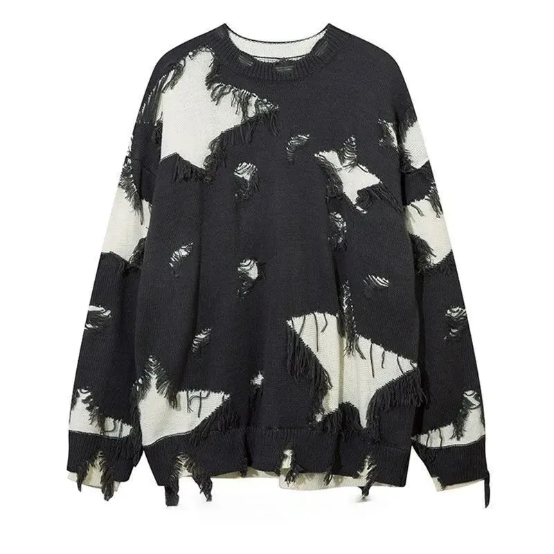 Aidase Star Hollow Tassel Fashion Brand Hip Hop Design Sweaters for Men Inset American High Street Loose Casual Pullover Couple Knit
