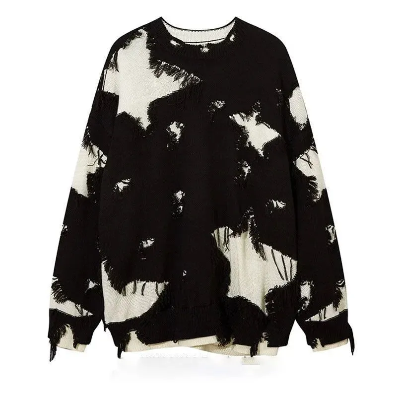 Aidase Star Hollow Tassel Fashion Brand Hip Hop Design Sweaters for Men Inset American High Street Loose Casual Pullover Couple Knit