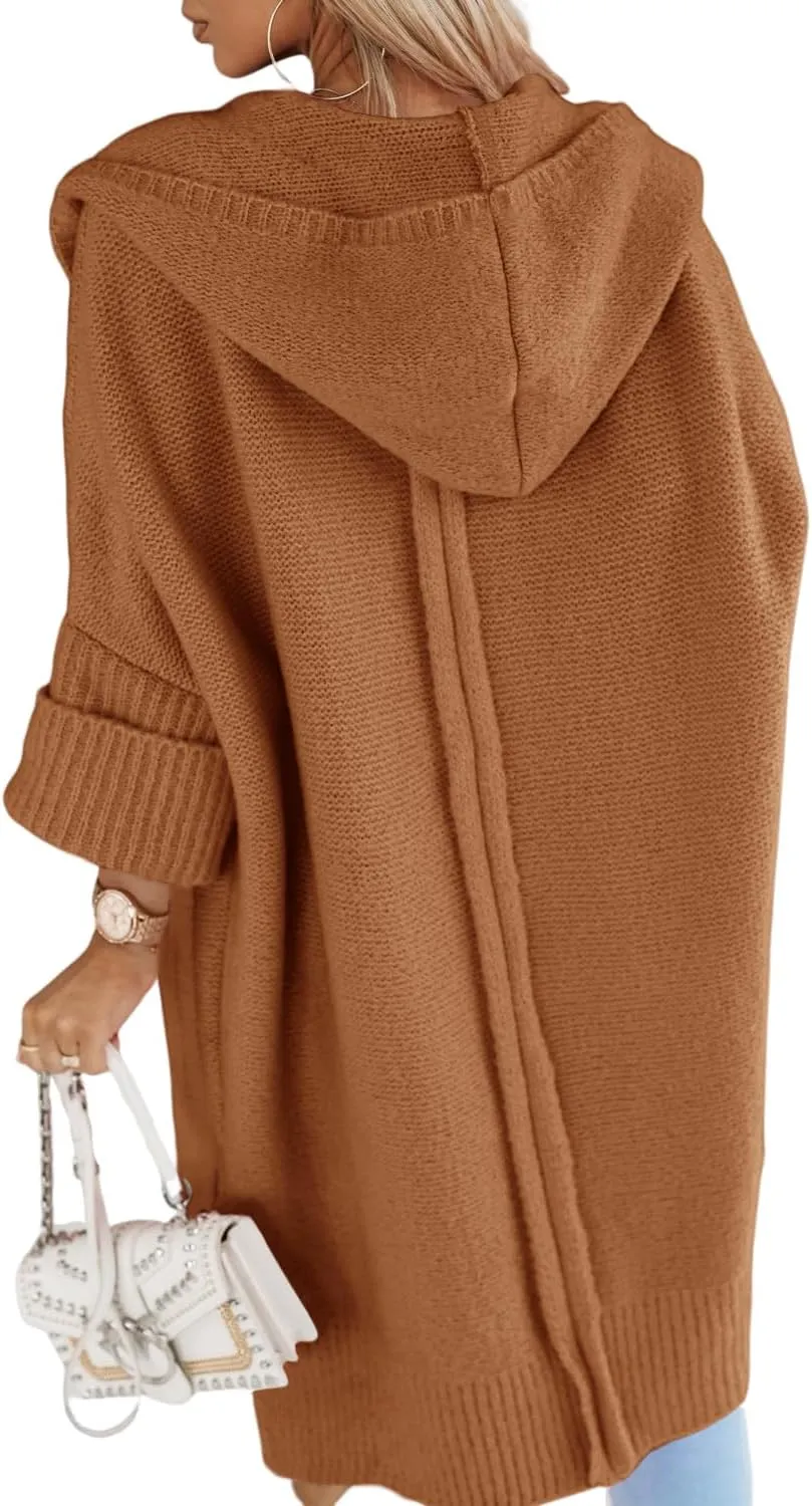 Aoysky Womens Long Cardigans Batwing Sleeve Oversized Cable Knitted Open Front Chunky Hooded Outerwear Sweater Coat