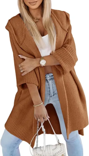Aoysky Womens Long Cardigans Batwing Sleeve Oversized Cable Knitted Open Front Chunky Hooded Outerwear Sweater Coat