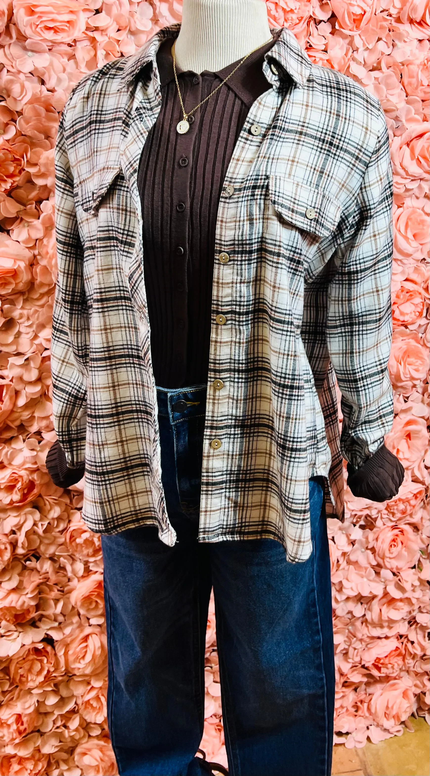 Averie Ivory/Brown Multicolor Button Up Flannel