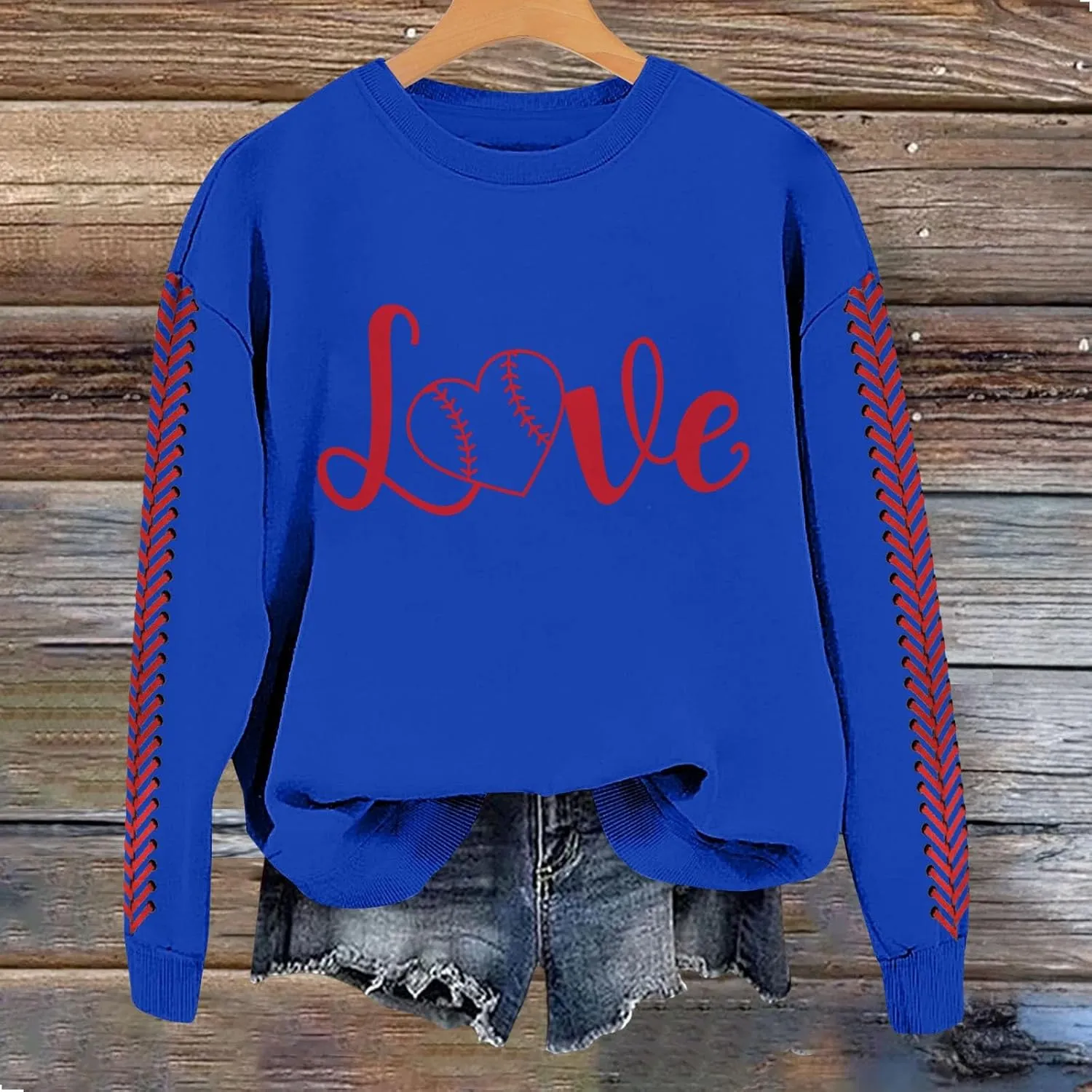 Baseball Sweatshirt for Womens 2025 Long Sleeves Round Neck Pullover Baseball Letter Print Blouses Fall Workout Tops