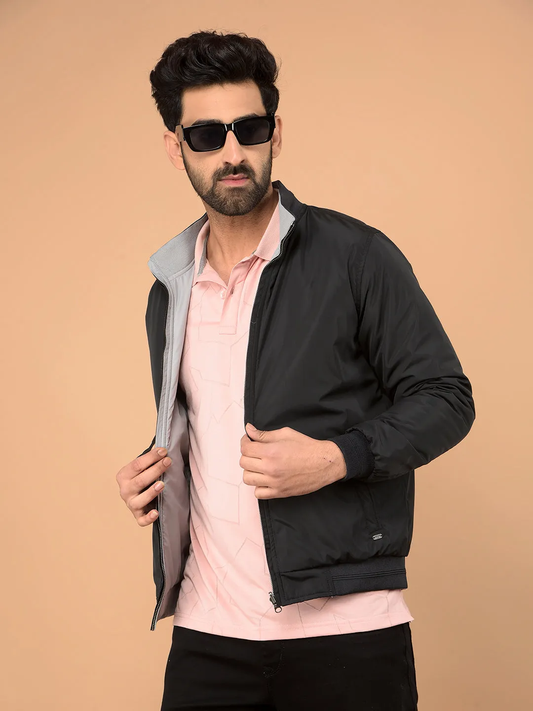 Black Mock Neck Bomber Reversible Jacket