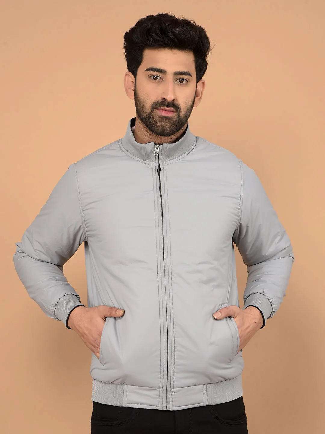 Black Mock Neck Bomber Reversible Jacket