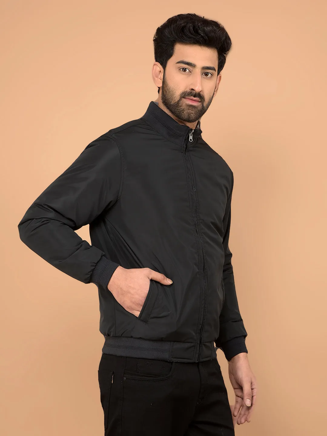 Black Mock Neck Bomber Reversible Jacket