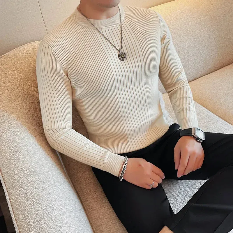 Bonsir Winter New O-Neck Knitted Sweaters For Men Luxury Striped Slim Fit Casual Breathable Pullover Solid Simples Long Sleeve Sweater