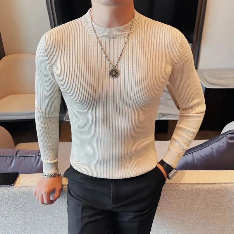 Bonsir Winter New O-Neck Knitted Sweaters For Men Luxury Striped Slim Fit Casual Breathable Pullover Solid Simples Long Sleeve Sweater