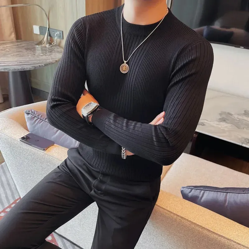 Bonsir Winter New O-Neck Knitted Sweaters For Men Luxury Striped Slim Fit Casual Breathable Pullover Solid Simples Long Sleeve Sweater