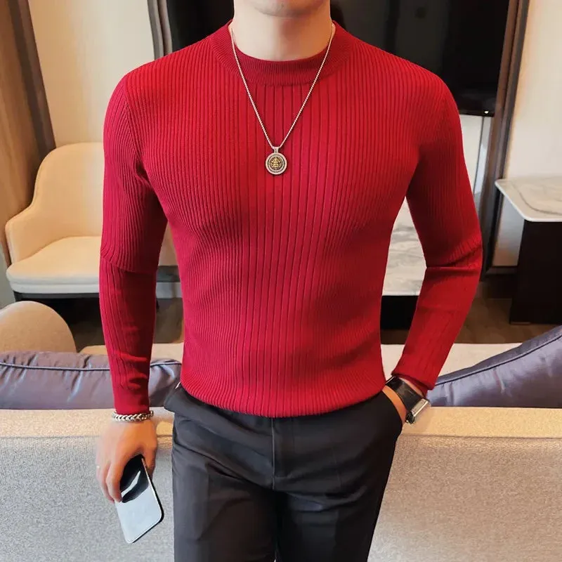 Bonsir Winter New O-Neck Knitted Sweaters For Men Luxury Striped Slim Fit Casual Breathable Pullover Solid Simples Long Sleeve Sweater