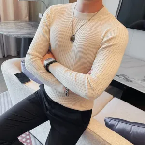Bonsir Winter New O-Neck Knitted Sweaters For Men Luxury Striped Slim Fit Casual Breathable Pullover Solid Simples Long Sleeve Sweater