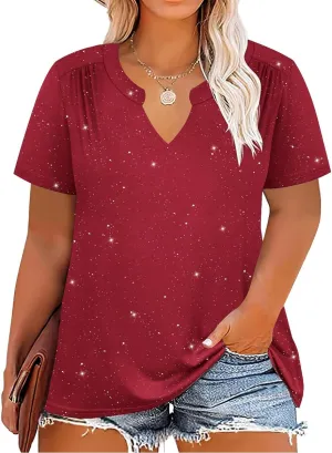 CARCOS Plus Size Tops for Women Summer Short Sleeve V Neck T Shirts Pleated Casual Business Tunic Blouses XL-5XL