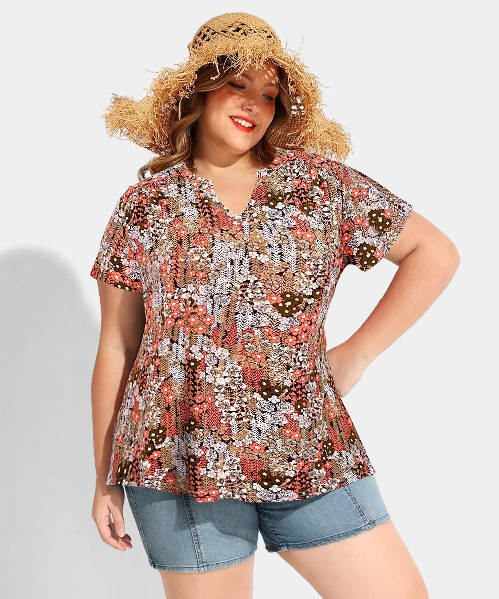 CARCOS Plus Size Tops for Women Summer Short Sleeve V Neck T Shirts Pleated Casual Business Tunic Blouses XL-5XL