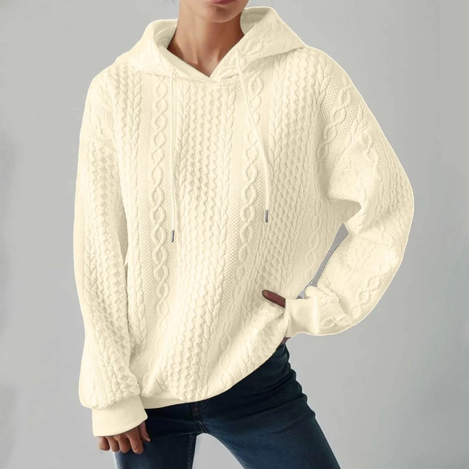 Casual Sweatshirt for Women Crewneck Pullover Tops Solid Jacquard Drawstring Hoodies Fall Loose Long Sleeve Blouse