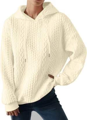 Casual Sweatshirt for Women Crewneck Pullover Tops Solid Jacquard Drawstring Hoodies Fall Loose Long Sleeve Blouse