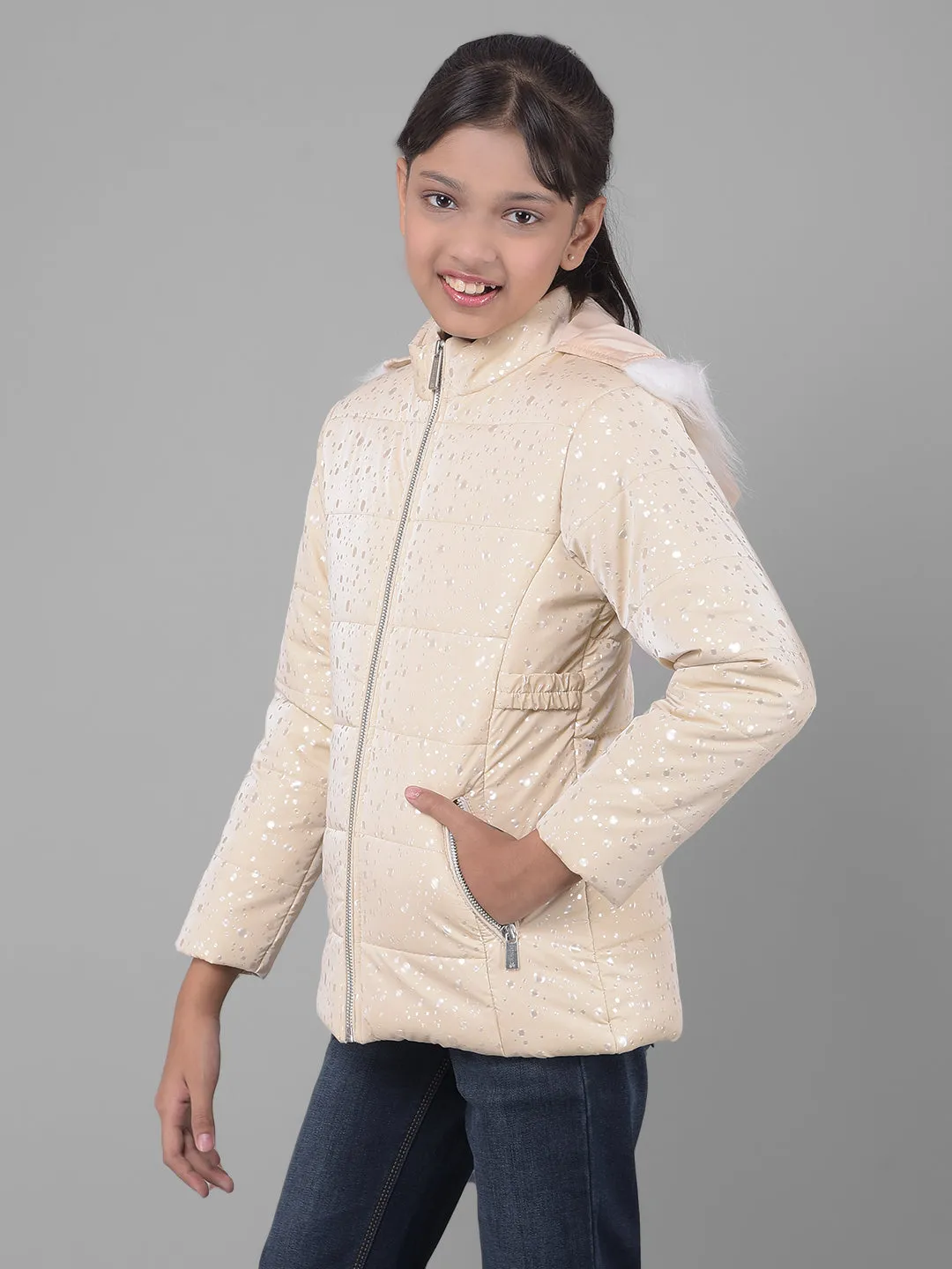 Cream Printed Puffer Jacket With Hood
