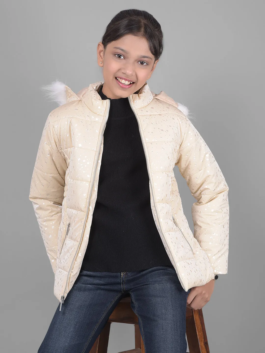 Cream Printed Puffer Jacket With Hood