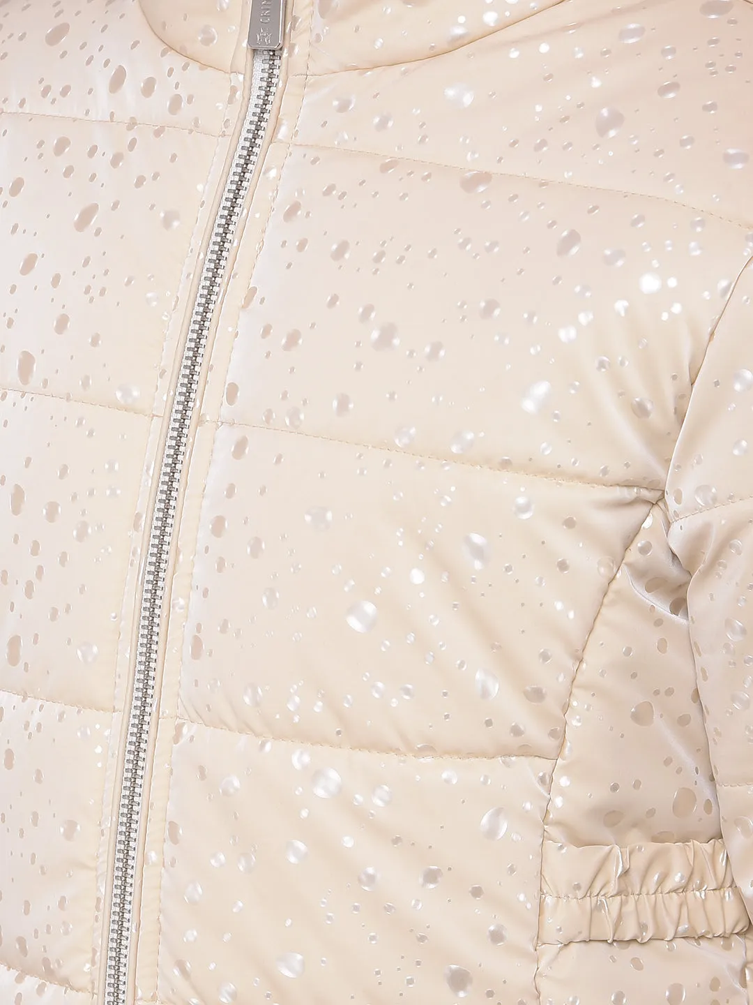 Cream Printed Puffer Jacket With Hood
