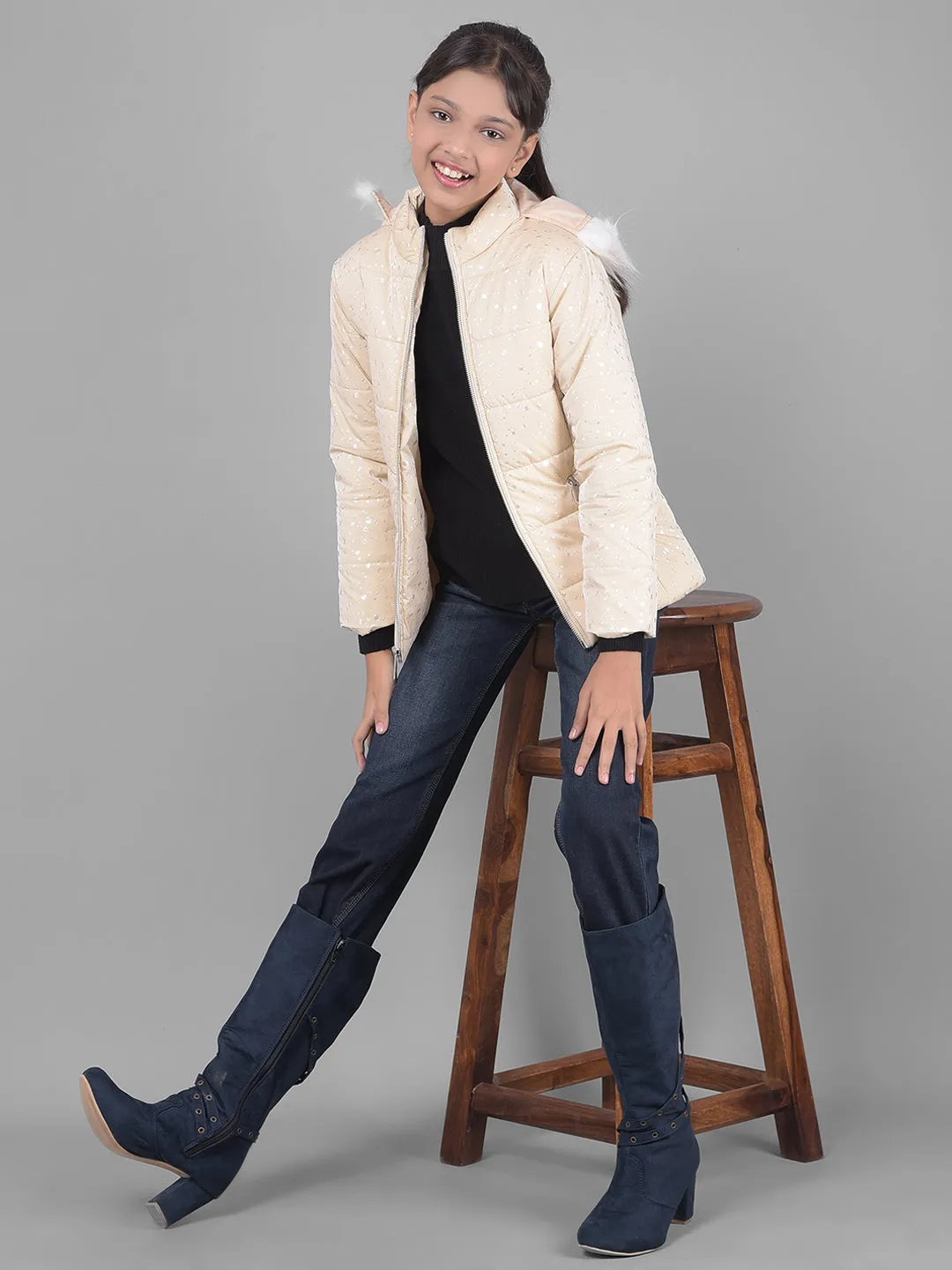 Cream Printed Puffer Jacket With Hood