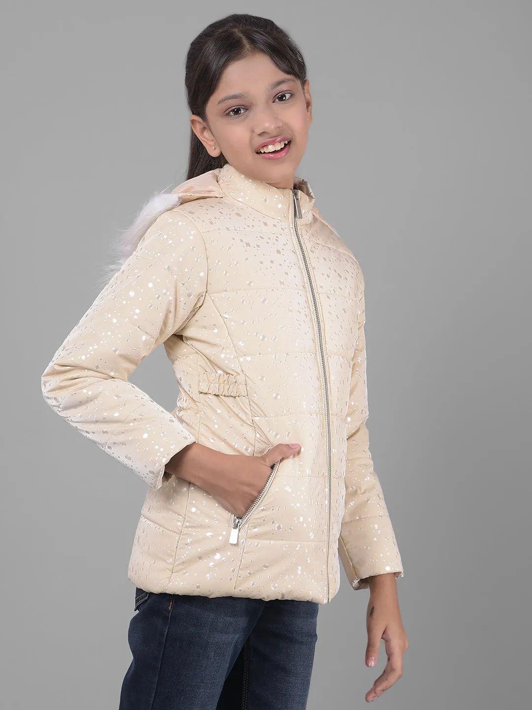 Cream Printed Puffer Jacket With Hood