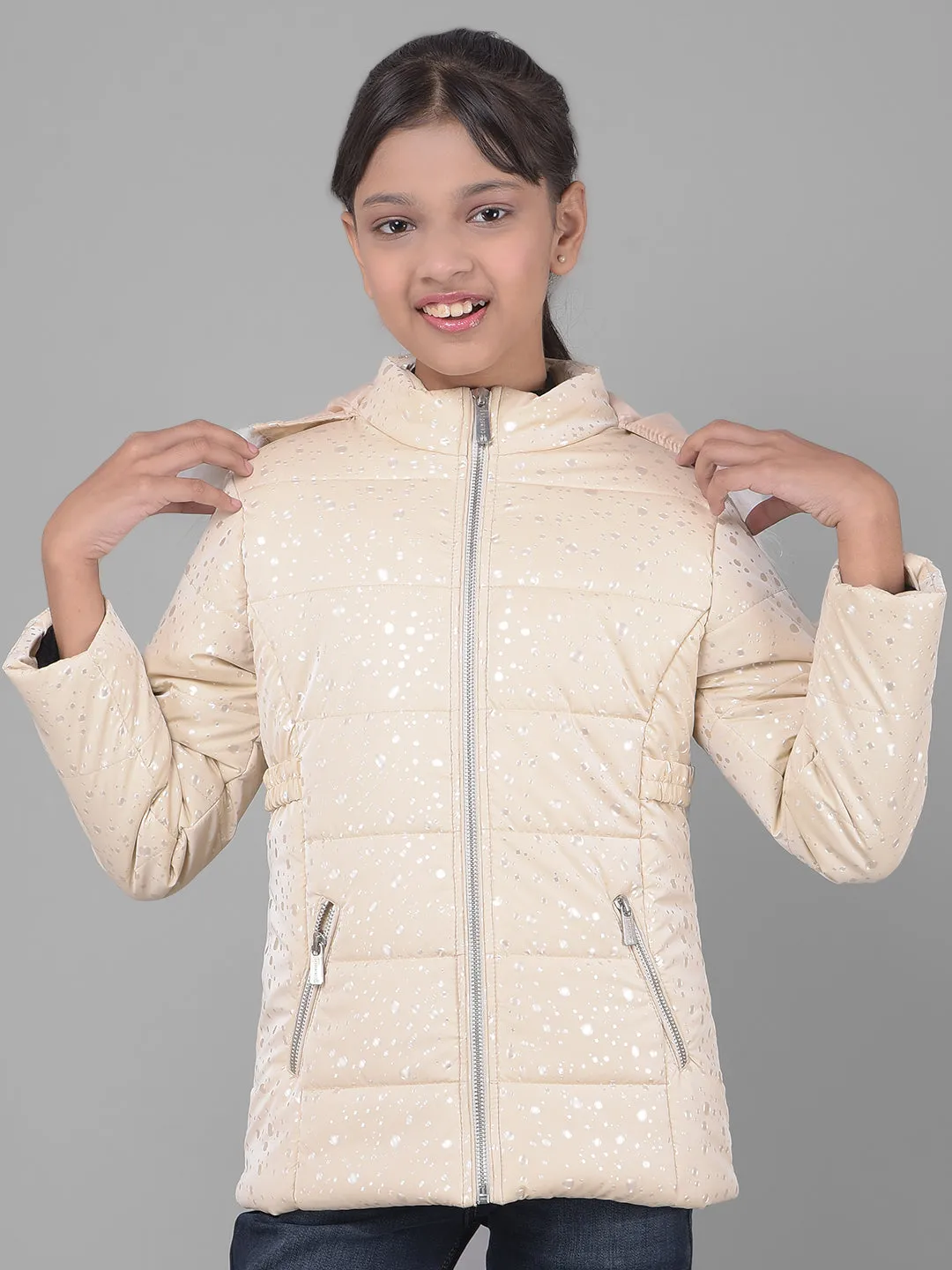 Cream Printed Puffer Jacket With Hood