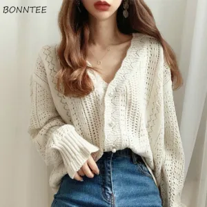 Cropped Cardigan Women Spring Chic Hollow Out Elegant V Neck
