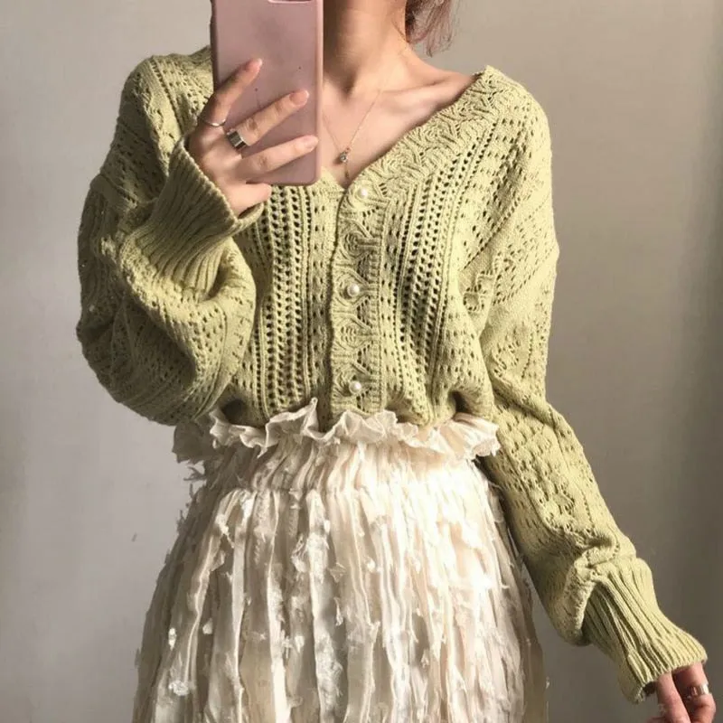 Cropped Cardigan Women Spring Chic Hollow Out Elegant V Neck