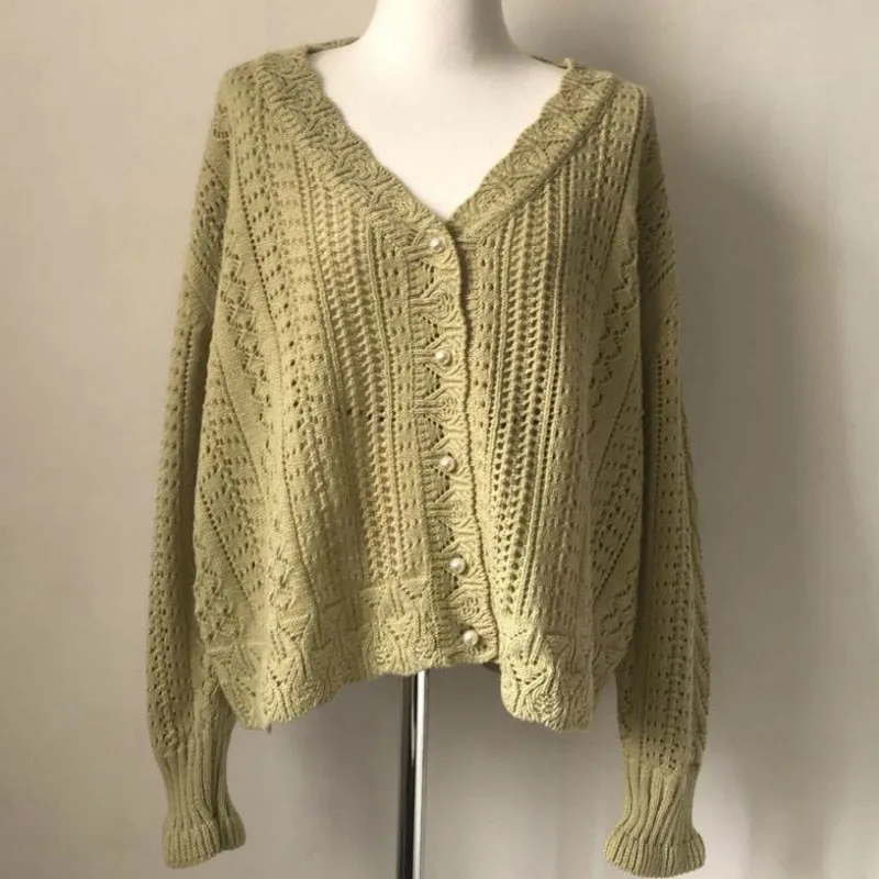 Cropped Cardigan Women Spring Chic Hollow Out Elegant V Neck