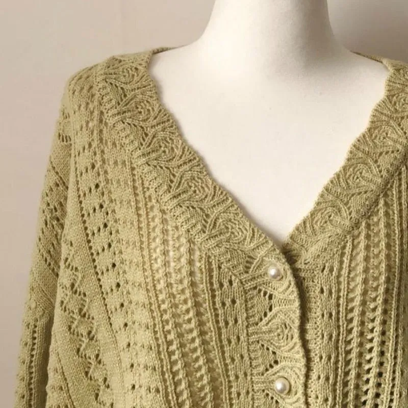 Cropped Cardigan Women Spring Chic Hollow Out Elegant V Neck