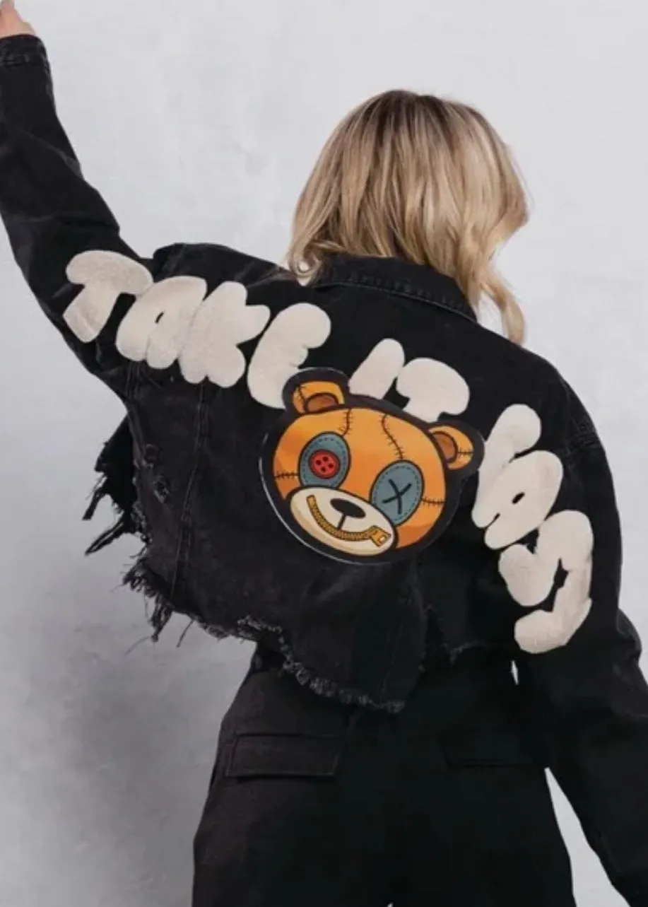 Distressed Teddy Cropped Denim Jacket