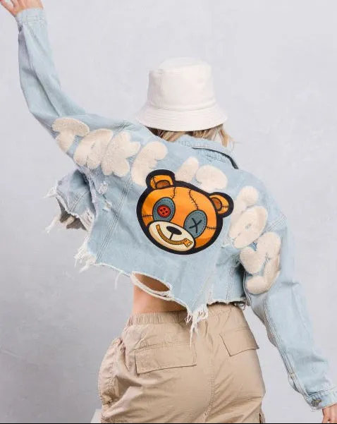 Distressed Teddy Cropped Denim Jacket