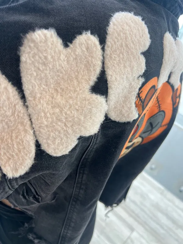 Distressed Teddy Cropped Denim Jacket