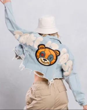Distressed Teddy Cropped Denim Jacket