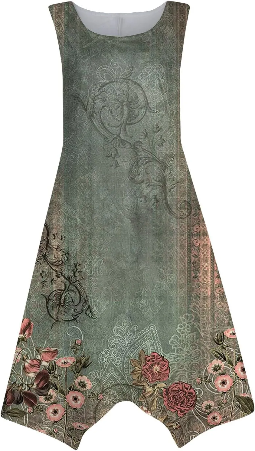 DOPOCQ Summer Dresses for Women 2024 Elegant Print Swing Hem Tank Midi Dresses Casual Plus Size Sleeveless Crewneck Sundress
