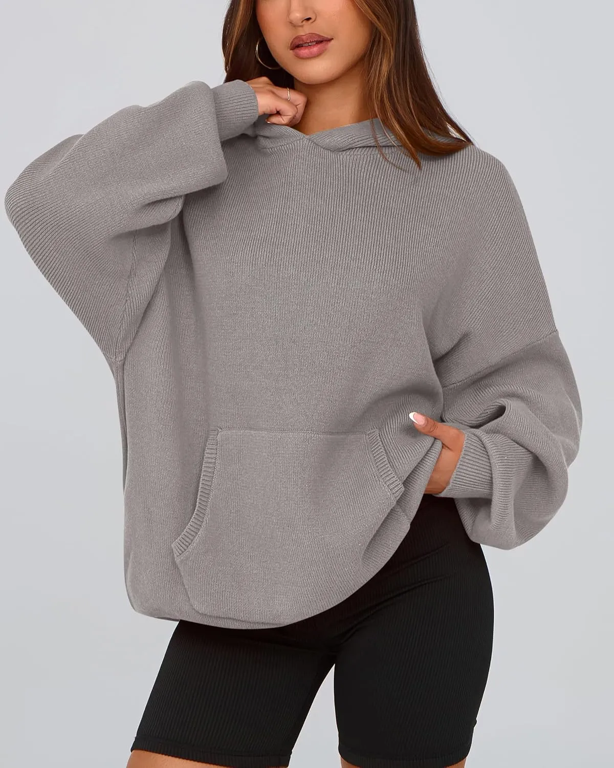 dowerme Women Oversized Sweaters 2025 Lantern Long Sleeve Drop Shoulder Chunky Knit Hooded Pullover Sweater With Pocket