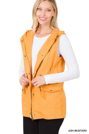 Drawstring Waist Hooded Vest - Ash Mustard