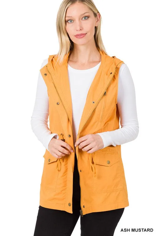 Drawstring Waist Hooded Vest - Ash Mustard