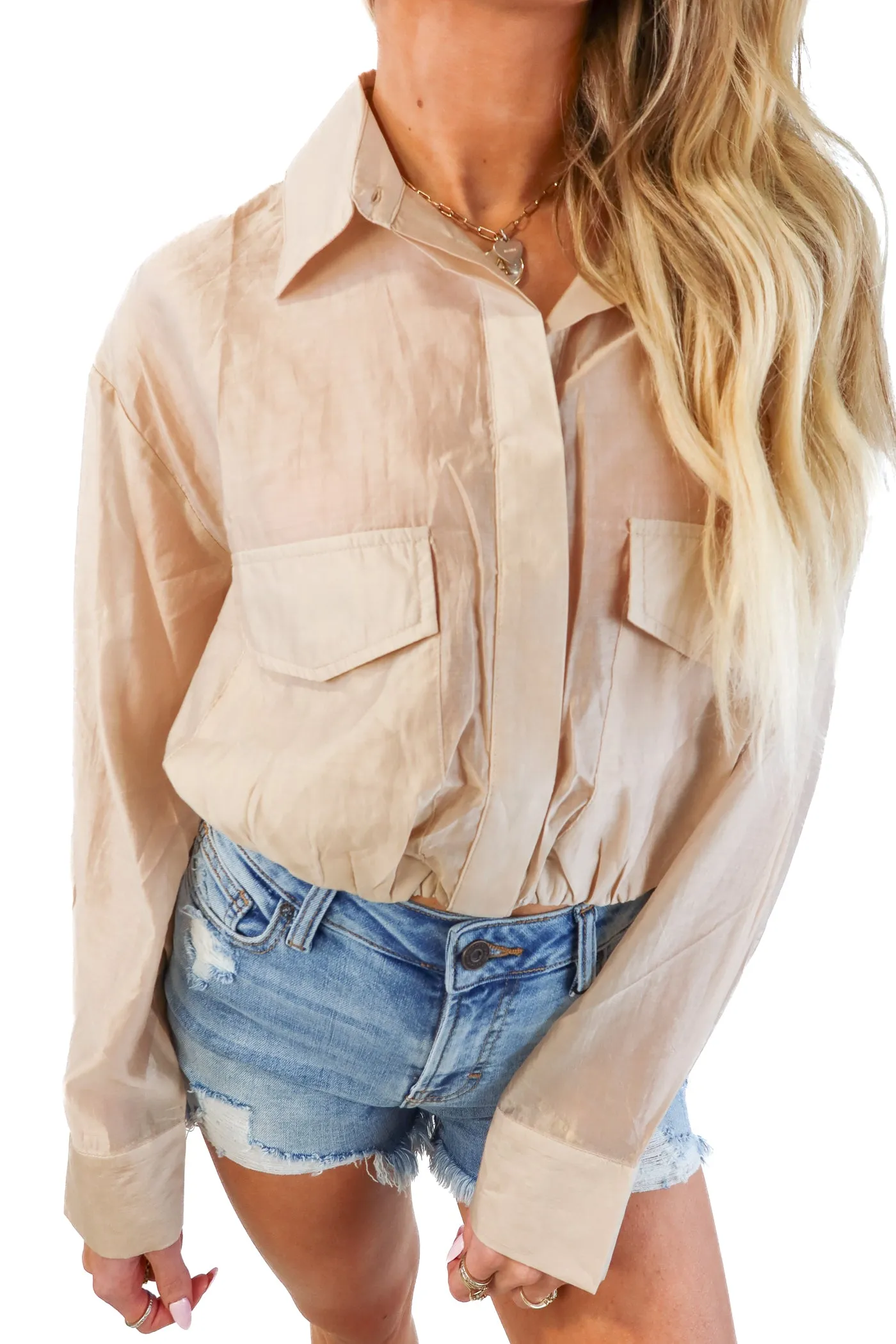 Dreamer Tan Sheer Cropped Blouse NWT (M)