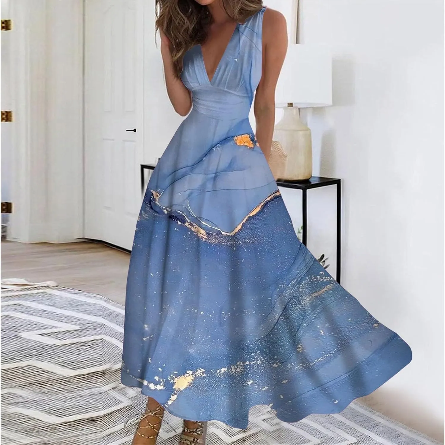 Dresses for Women 2024 Sleeveless Dresses Casual Summer Boho Dress Floral Dressy Tank Dress V Neck Beach Maxi Dress