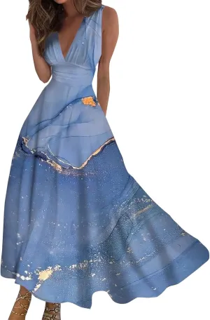 Dresses for Women 2024 Sleeveless Dresses Casual Summer Boho Dress Floral Dressy Tank Dress V Neck Beach Maxi Dress