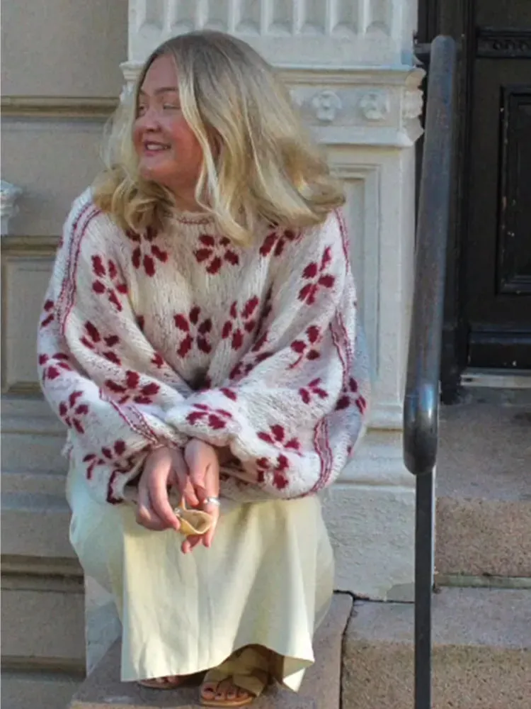 Elegant Flower Print Round Neck Women's Loose Long Lantern Sleeve Sweater