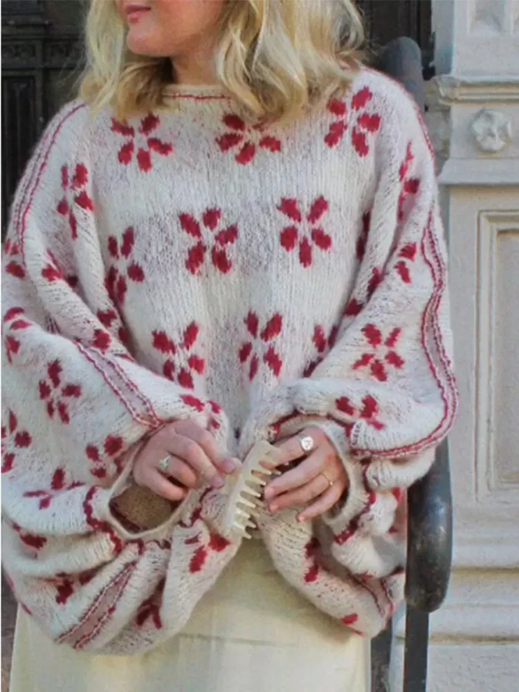 Elegant Flower Print Round Neck Women's Loose Long Lantern Sleeve Sweater