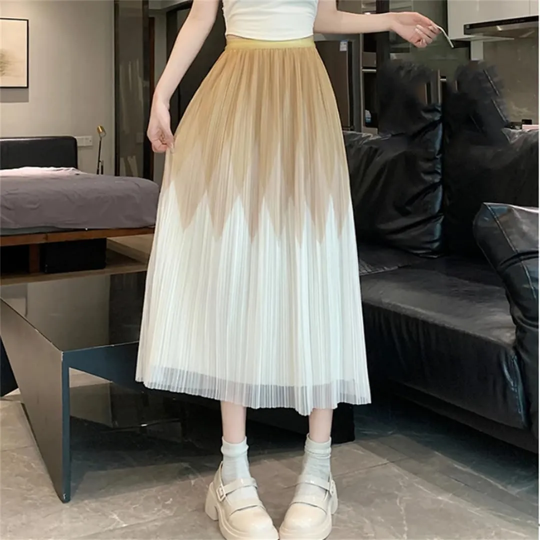 Elegant Mesh Long Skirt Women Elatic High Wiast Midi Length Skirt Female Summer A Line Pleated Skirts