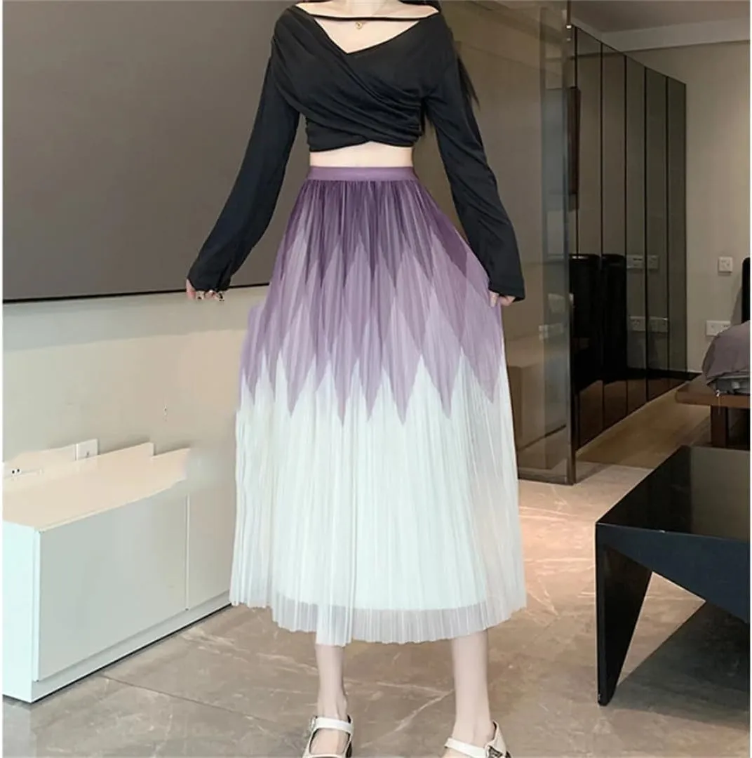 Elegant Mesh Long Skirt Women Elatic High Wiast Midi Length Skirt Female Summer A Line Pleated Skirts