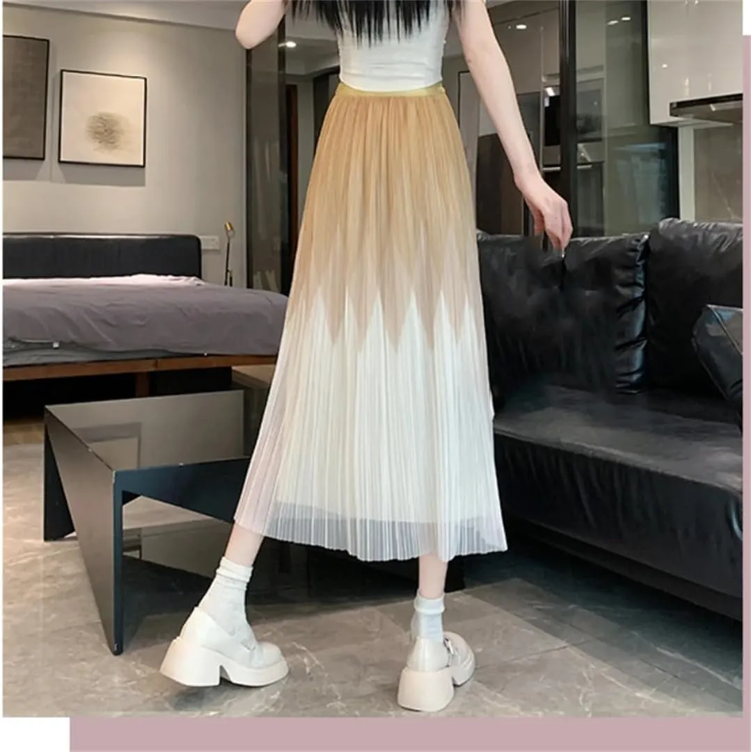 Elegant Mesh Long Skirt Women Elatic High Wiast Midi Length Skirt Female Summer A Line Pleated Skirts