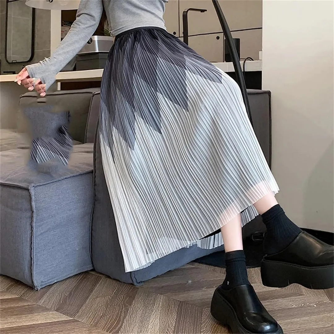 Elegant Mesh Long Skirt Women Elatic High Wiast Midi Length Skirt Female Summer A Line Pleated Skirts