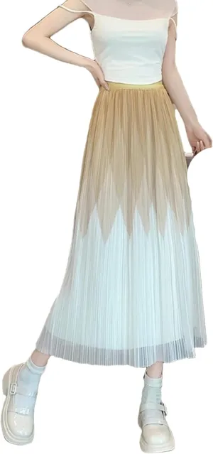 Elegant Mesh Long Skirt Women Elatic High Wiast Midi Length Skirt Female Summer A Line Pleated Skirts
